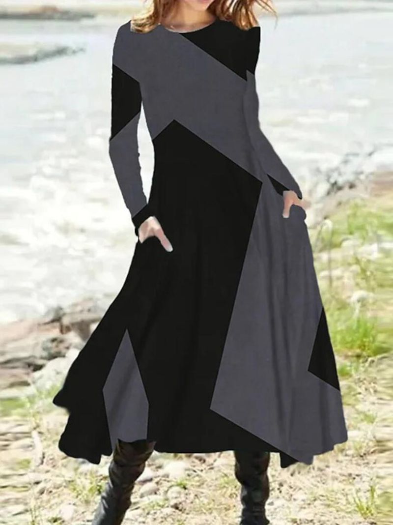 Long Sleeve A Line Dress with Pockets and Geometric Pattern for Fall Winter in Gray Red Blue Khaki