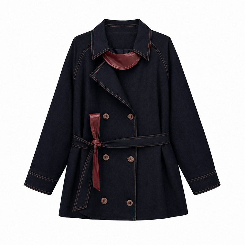 Áo khoác dáng trench denim phối chỉ tương phản cổ bẻ thắt eo dài trung — Xanh navy (giao hàng trong 7 ngày)