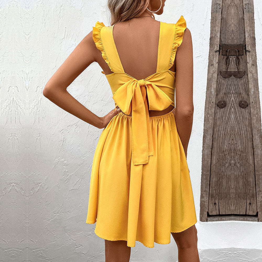 Summer Womens Beach Dress Sexy Backless Waist Cinching Flared Sleeveless Perfect for Vacation or Casual Outings