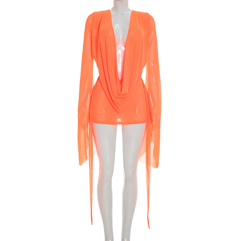 D25DS222 欧美跨境新款女装网纱荡领大摆长袖露背A字短袖连衣裙女