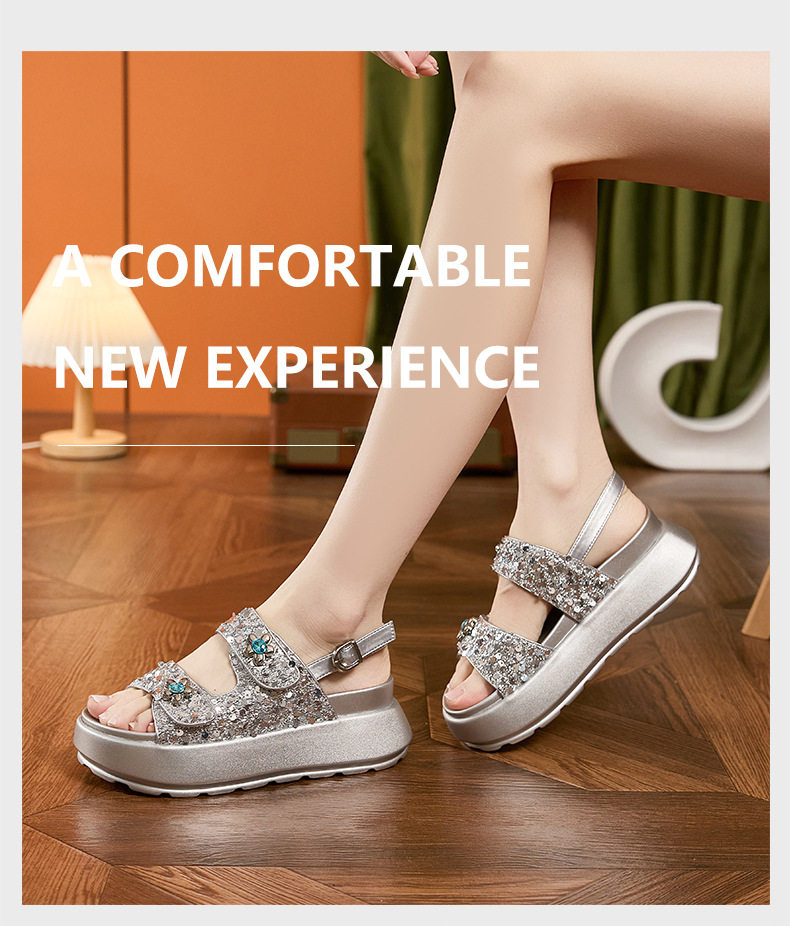 Sandal nữ quai chữ V đế dày chống trượt phong cách thành thị — Đen, Bạc chi tiết 10