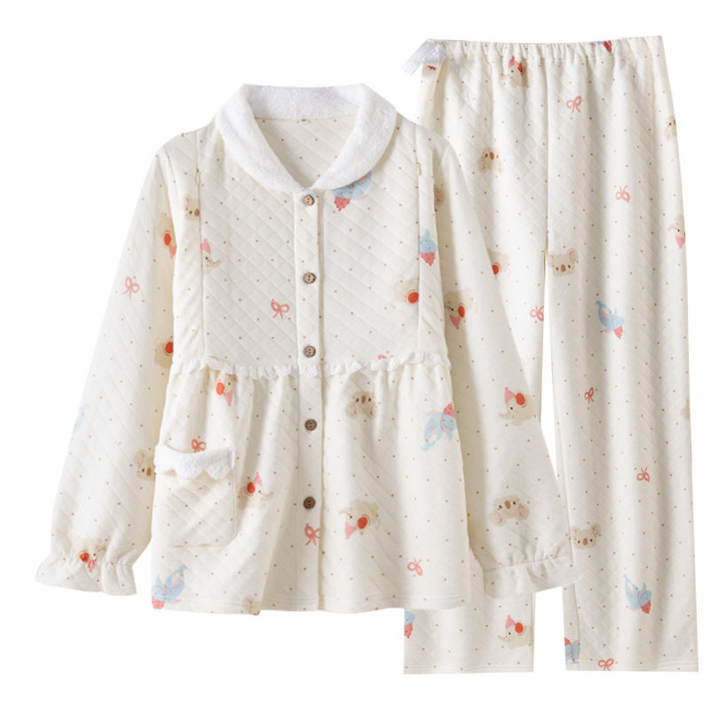 Air Cotton Maternity Pajamas for Autumn and Winter, Fleece-Lined, Thickened, Warm, Three-Layer Quilted, Cute Animal Design, Maternity Sleepwear