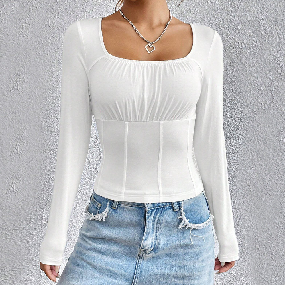 Slim Fit Long Sleeve T Shirt Square Neck Solid Color Casual Style Spring Summer Collection Wholesale Available