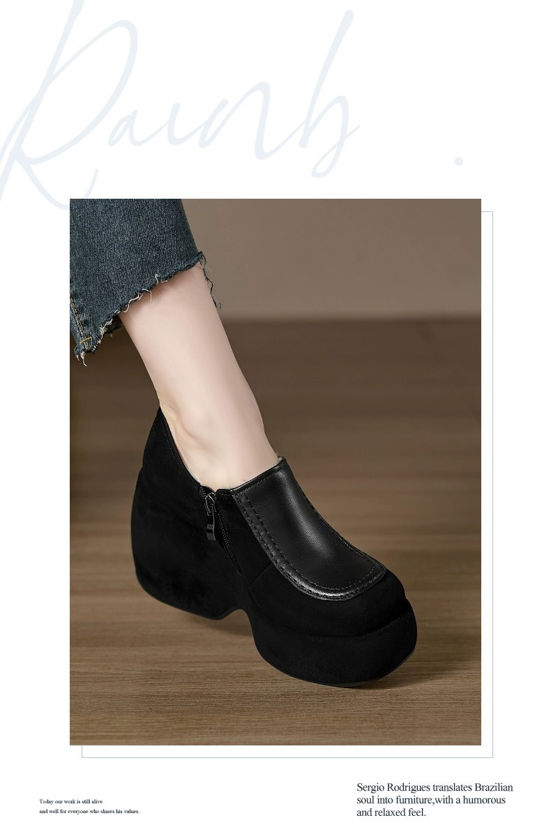 Giày lười nữ đế xuồng cao 10cm mũi tròn tăng chiều cao — Màu đen, Màu trắng be