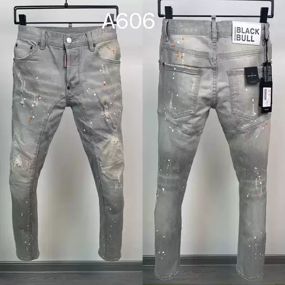 A606 Ink Dot Personality D2 New Men's Long Pants Distressed Washed Slim Straight Jeans Cross-Border Jeans