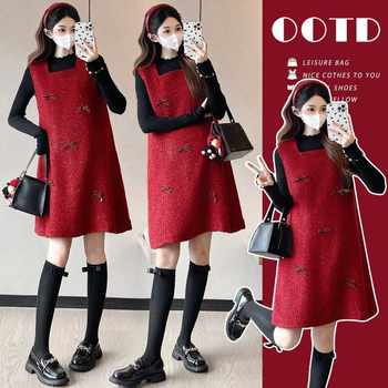 Real Shot~ Maternity Wear Autumn and Winter Style Red Bow Vest Dress + Velvet Thickeneding Festive and Elegant Pregnancy Suit
