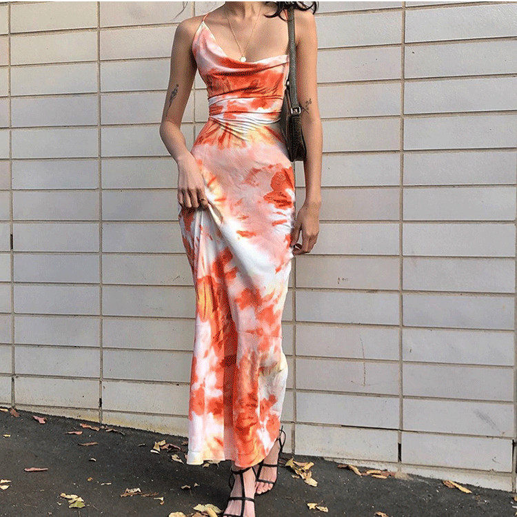 Summer Tie Dye Print Maxi Dress Sexy Cross Back Design Perfect for Beach Parties or Casual Outings Wholesale Available