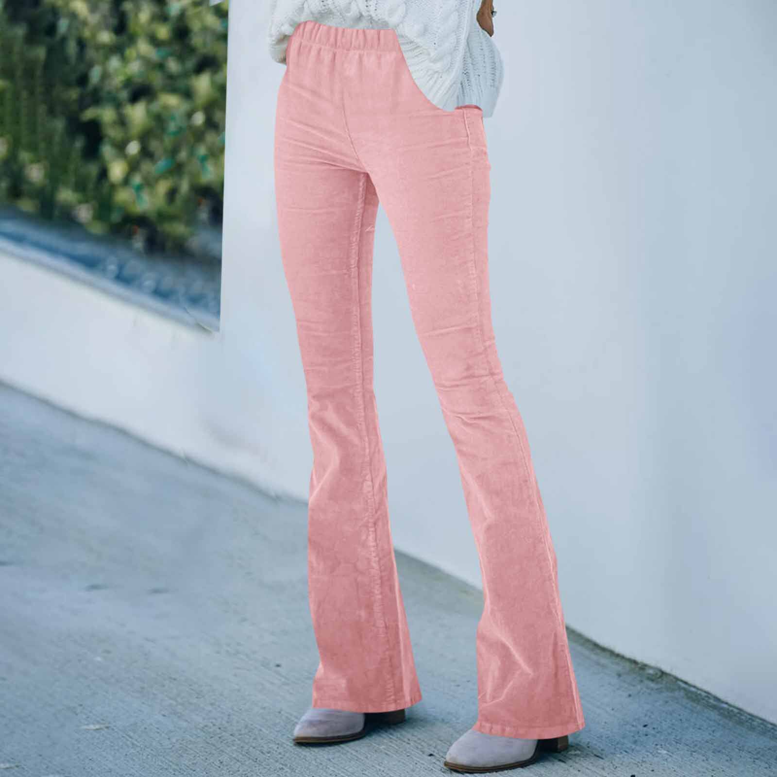 High Waisted Corduroy Slim Fit Flare Pants Solid Color Elastic Waist Casual Style Spring Summer Collection