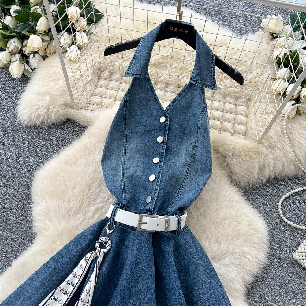 French Vacation Style Sleeveless Halter Dress Slim Fit Ruffled Layers Lightweight Fabric Summer Casual Wear