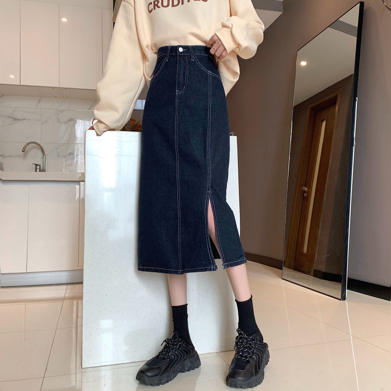 Vintage High Waisted A Line Denim Skirt Slim Fit Mid Length Side Slit Summer Casual Wear Wholesale Available