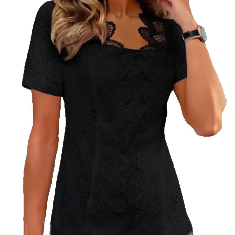 Lace Trim Short Sleeve T Shirt Solid Color Fashionable Versatile Womens Casual Wear Wholesale Available