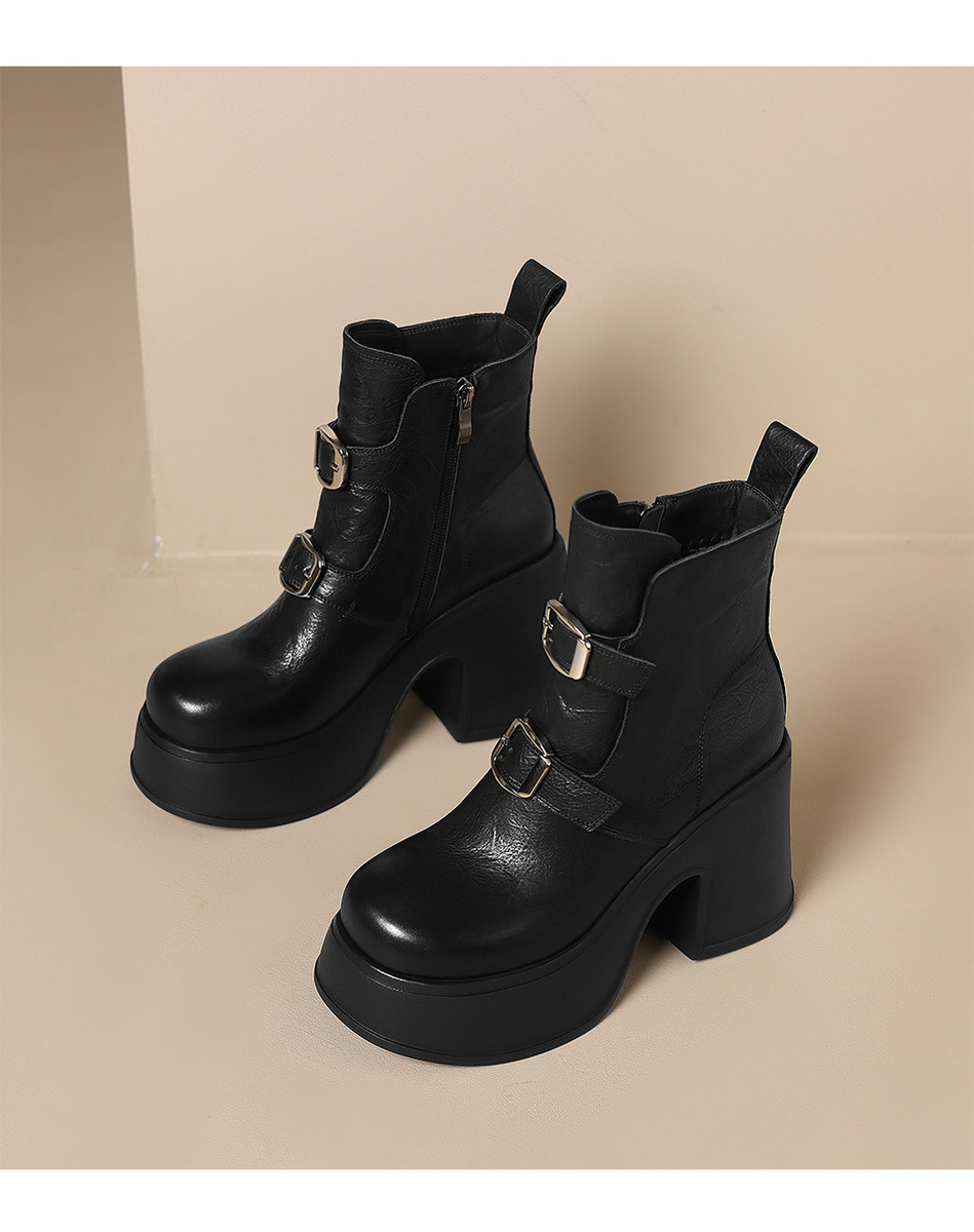 Boot nữ cổ thấp da bò thật khóa kéo bên hông, đế dày tăng chiều cao — Lớp lót đơn màu đen, Lớp lót đơn màu nâu, nhung đen, Nhung nâu