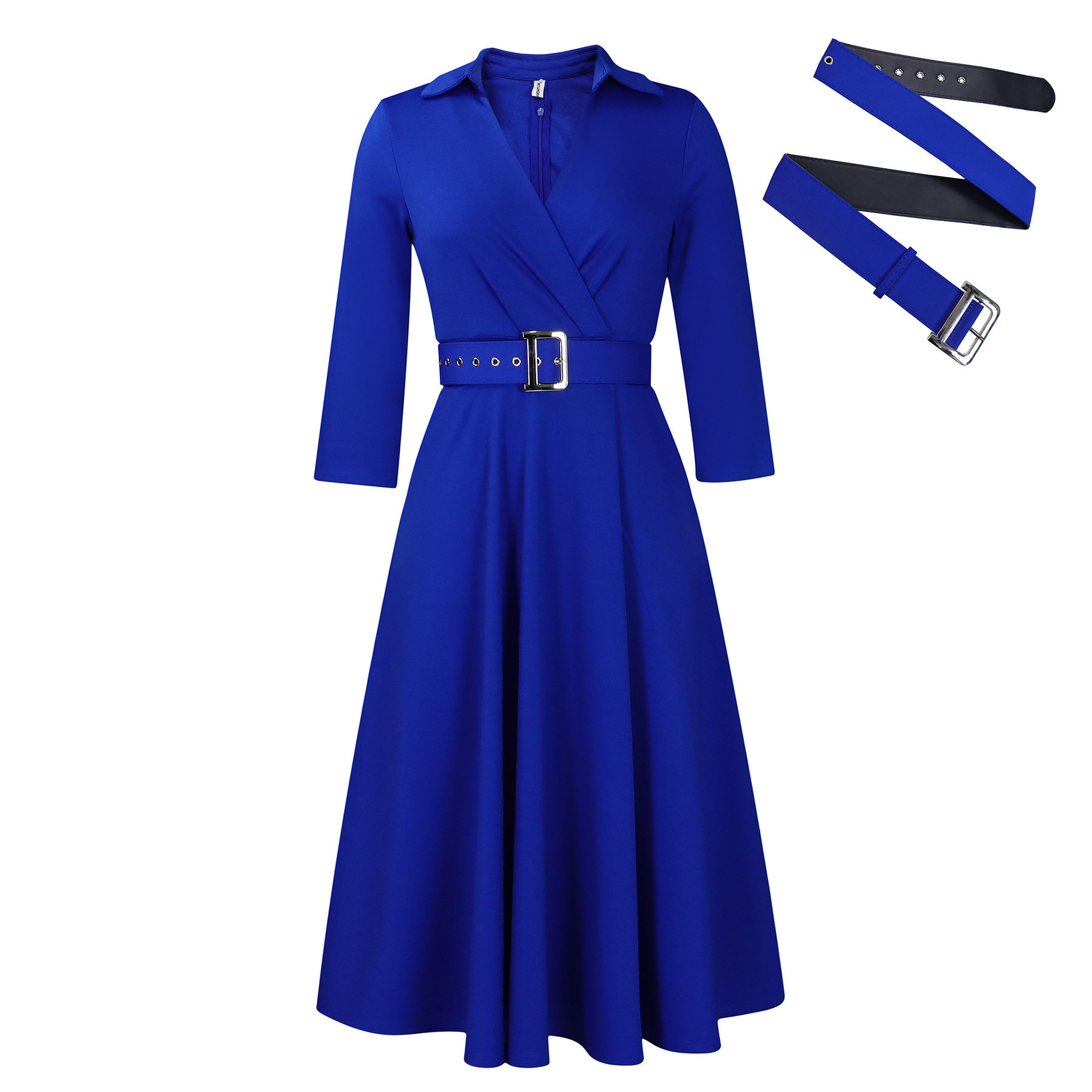 Plus Size Womens Dress Autumn Collection Stylish Lapel Design Solid Color Flared Skirt Wholesale Availability