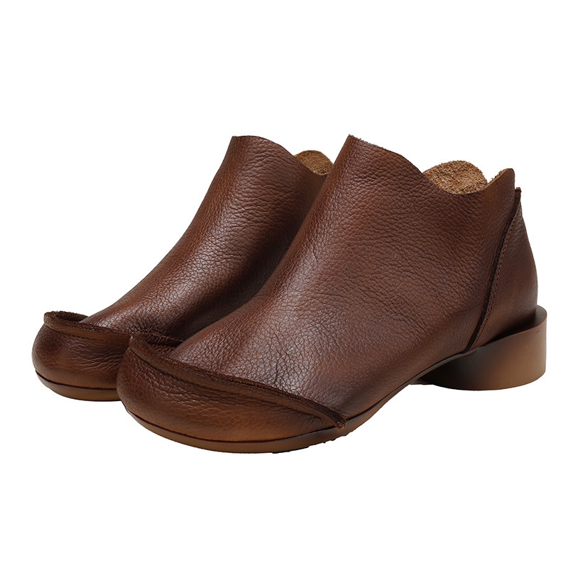 Boot cổ thấp nữ da thật viền bèo gót thô đế mềm — Màu đen, Màu nâu
