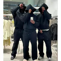 2024 European and American Cross-Border Casual Simple Couple Fashion Hoodie Sweatshirt Solid Color Loose Sweatshirt and Sweatpants Wholesale