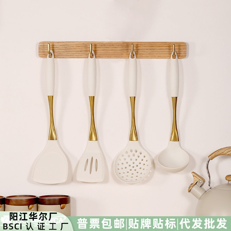 in stock 304 stainless steel gold plated handle silicone kitchenware wholesale high temperature resistant cooking spoon shovel 8 piece kitchen utensils