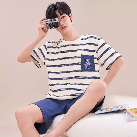 Men's Pajamas Cotton Summer Short-sleeved Shorts Thin Loose Simple Men's Summer Home Clothes suit Can Wear