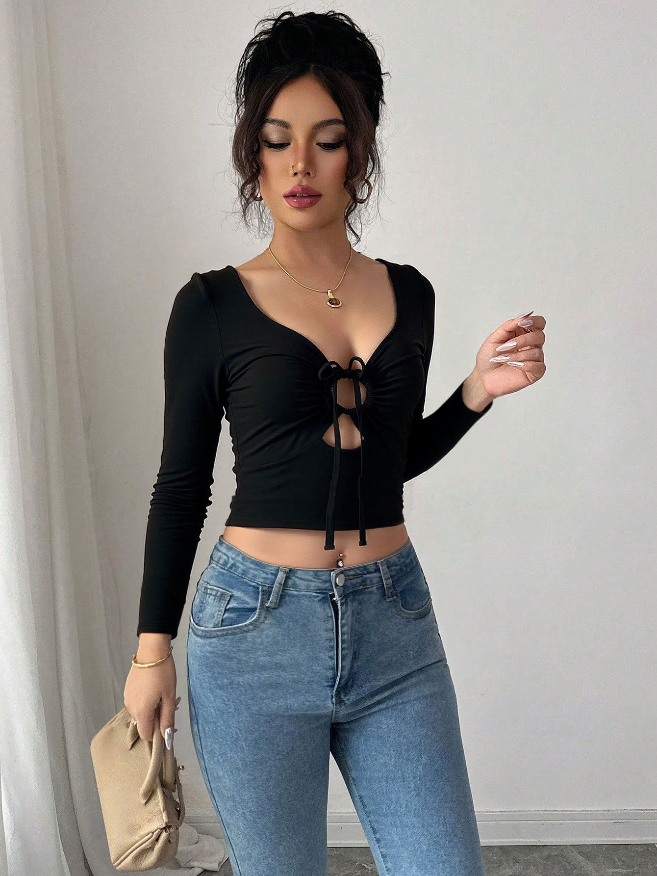 Black Long Sleeve T Shirt Hollow Out V Neck Solid Color Sexy Design Casual Wear for Women Wholesale Available