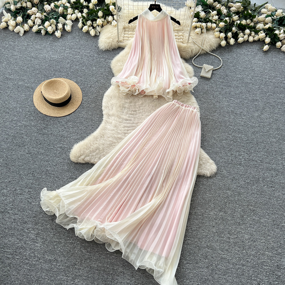 Vacation Style Halter Neck Ruffled Tank Top and High Waist Skirt Set Playful Sweet Fashionable Summer Outfit for