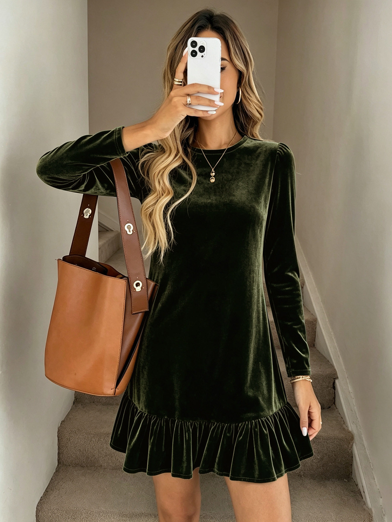 Velvet Long Sleeve Dress for Women Round Neck Slim Fit Ruffled Hem Perfect for Parties and Events Wholesale