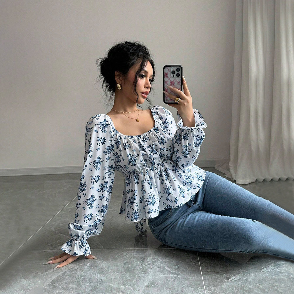 Floral Print Puff Sleeve T Shirt Fresh and Sweet Design Spring Summer Casual Wear Wholesale Available
