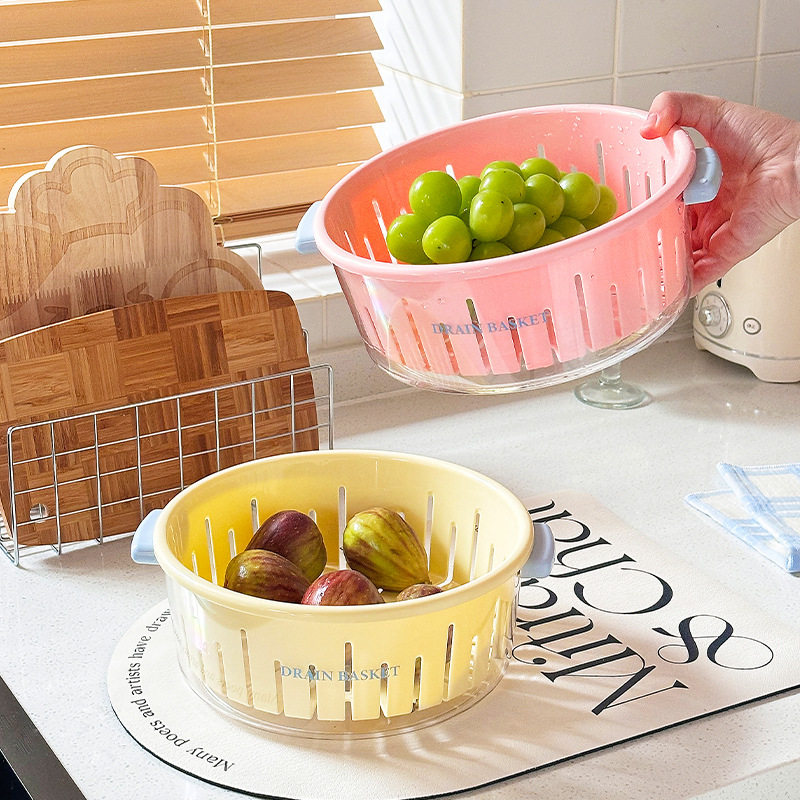 Double-Layer Vegetable Washing Basin Drain Basket Cute New Fruit Plate Home Living Room Coffee Table Fruit Basket Kitchen Washing Fruit Vegetable Basket