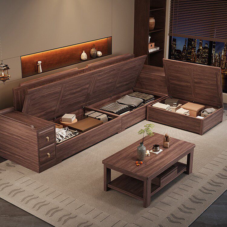 新款黑胡桃实木沙发组合客厅中式现代简约小户型冬夏两用储物家具