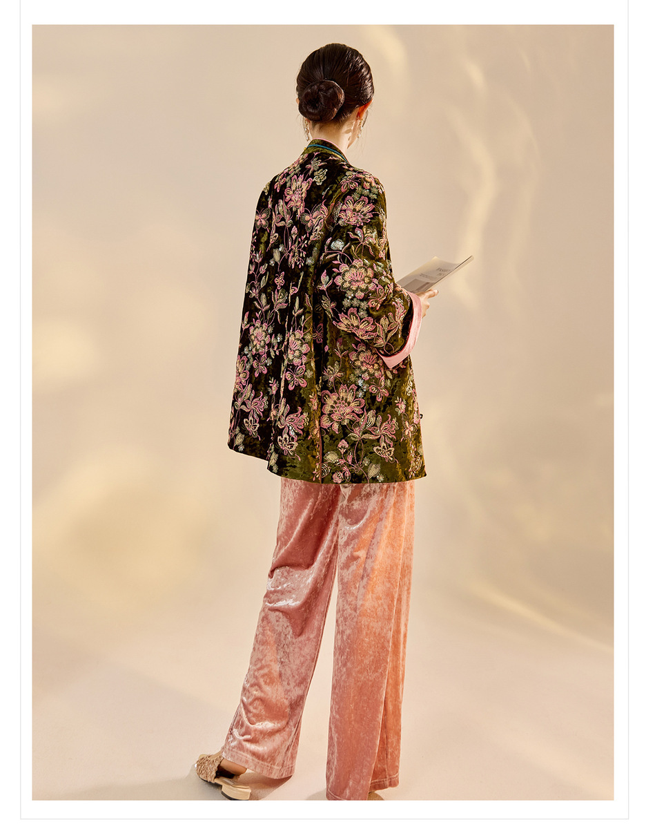Áo khoác dạ gile nữ dáng dài thêu hoa đính cườm — Hồng xanh [phiên bản cotton], Hồng xanh [phiên bản thường]