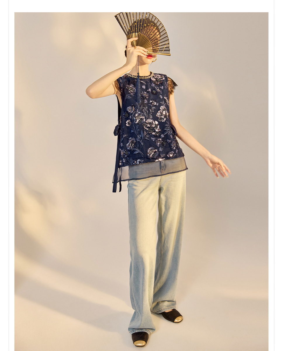 Áo vest nữ thêu cườm đính đá cổ tròn phối hoa văn — Jiyue Blue (giao hàng trong 7 ngày), Jiyue Blue (phát hành cùng ngày)