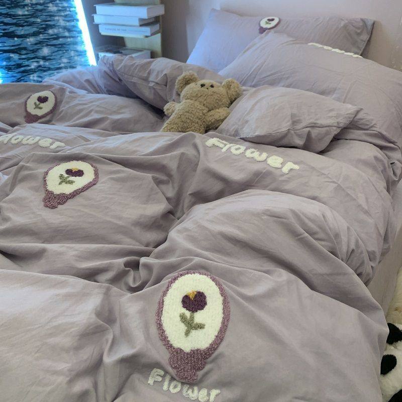 Ins Korean Embroidered Purple Tulip Quilt Cover Bedding Four-Piece Set Washed Cotton Dormitory Bed Bed Sheets Three-Piece Set