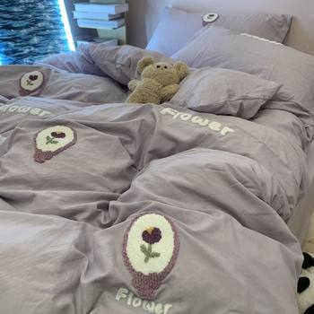 Ins Korean Embroidered Purple Tulip Quilt Cover Bedding Four-Piece Set Washed Cotton Dormitory Bed Bed Sheets Three-Piece Set