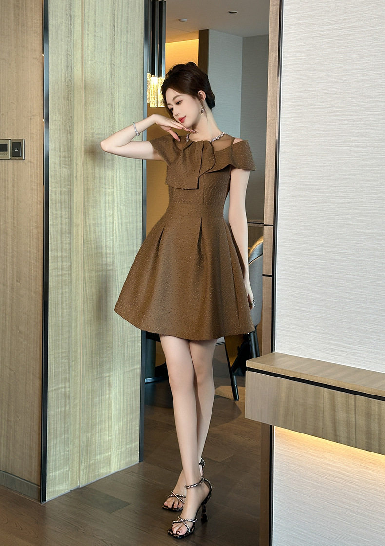 Đầm suông nữ midi cổ tròn tay ngắn A-line cao eo — [Màu cà phê] chi tiết 7