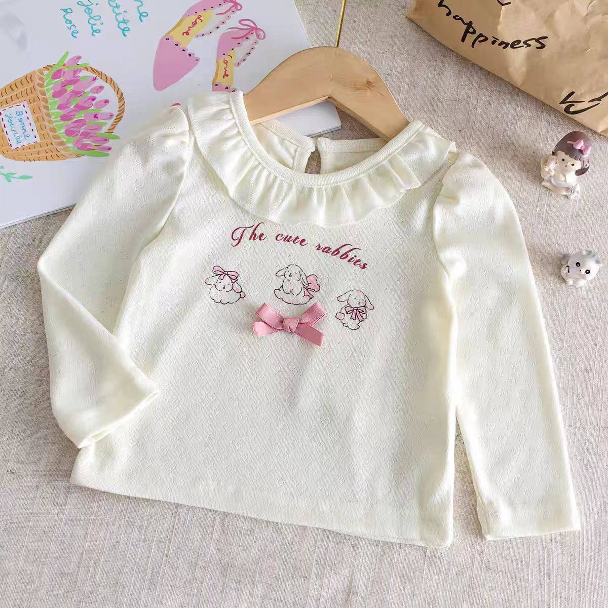 Girls' New Spring & Autumn Lightweight Top, Baby Cute Lace Mesh Bow Long-Sleeve Stylish Autumn Outfit