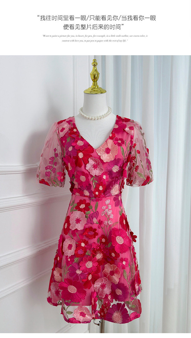 Summer V Neck Puff Sleeve Dress Handcrafted 3D Embroidery Solid Color Elegant A Line Silhouette Perfect for Parties