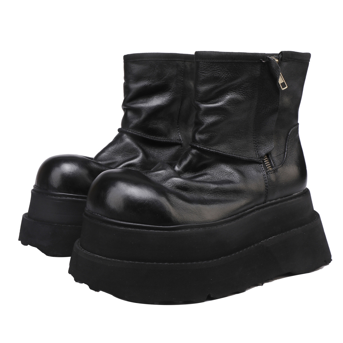 Boot nữ cổ thấp đế dày da bò đầu lớp lót da cừu tăng chiều cao — đen, quần kaki