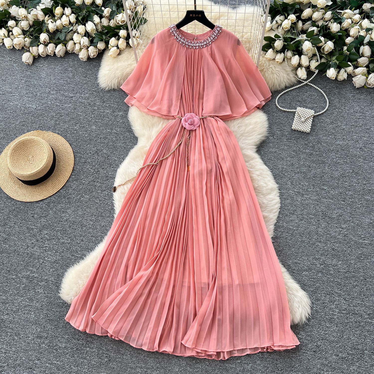 French Style Elegant Chiffon Dress Embellished Round Neck Waist Tie Pleated Design Perfect for Parties and Special