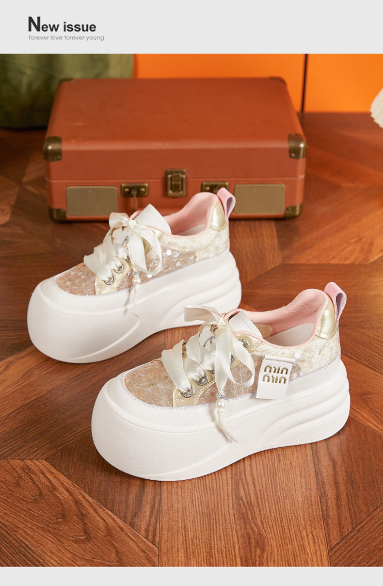 Giày sneaker nữ chunky đế dày trắng platform hở lưng — Hồng vàng, Trắng chi tiết 14