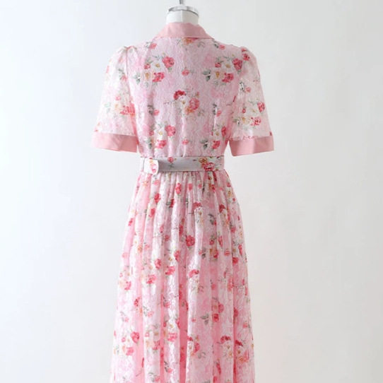 Vintage Lace Pink Dress with Suit Collar Short Sleeve Plus Size French Style Elegant Occasion Wear Wholesale