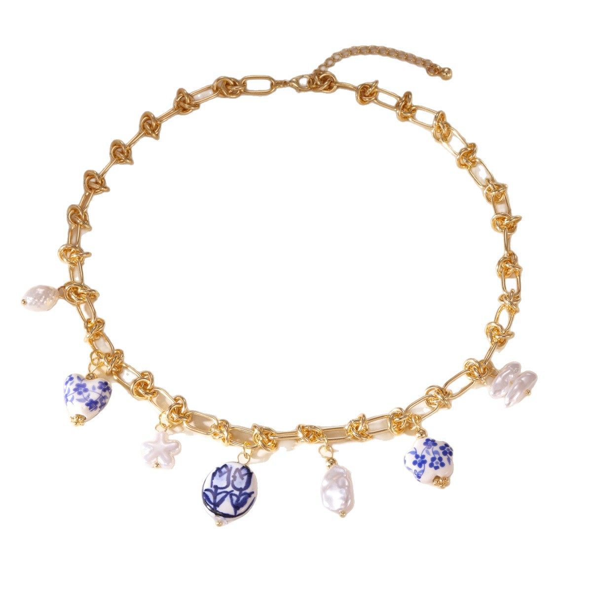 European and American Cross-Border Popular Copper Imitation Pearl Blue and White Porcelain Necklace Electroplated 18K Real Gold Clavicle Necklace Jewelry Wholesale