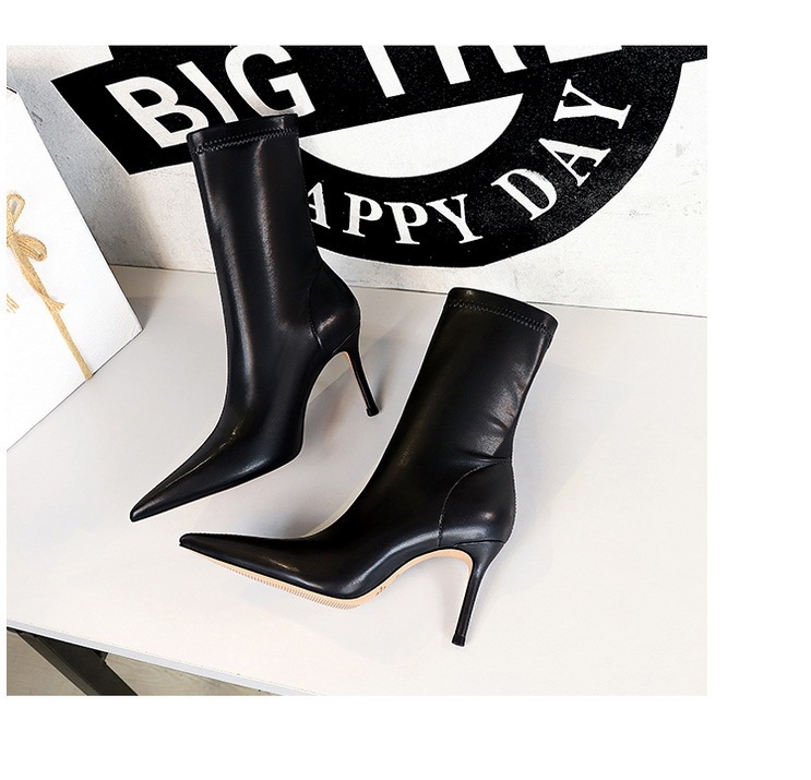 Boot nữ cổ thấp mũi nhọn gót nhọn cao 7.5cm phong cách thanh lịch — Màu đen lót một lớp, Màu đen lót nhung, Màu Kaki lót nhung, Màu Kaki một lớp lót trong
