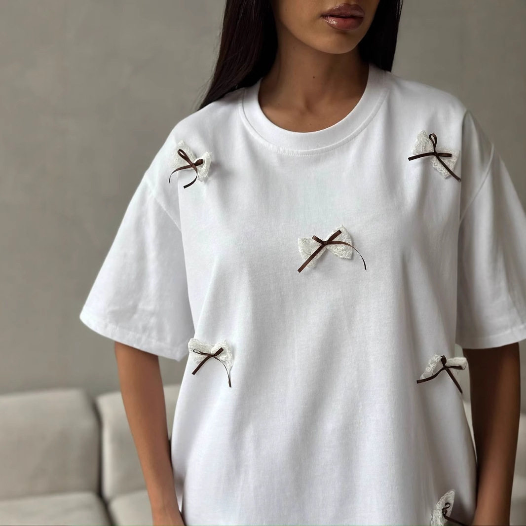 Womens Short Sleeve T Shirt Sweet Bow Design Loose Fit Round Neck Cotton Fabric Spring Summer Casual Wear