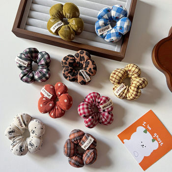 Autumn and Winter New Children's Cotton-Filled Plaid Five-Petal Flower Scrunchie Sweet Baby Bun Hair Tie Hair Rope