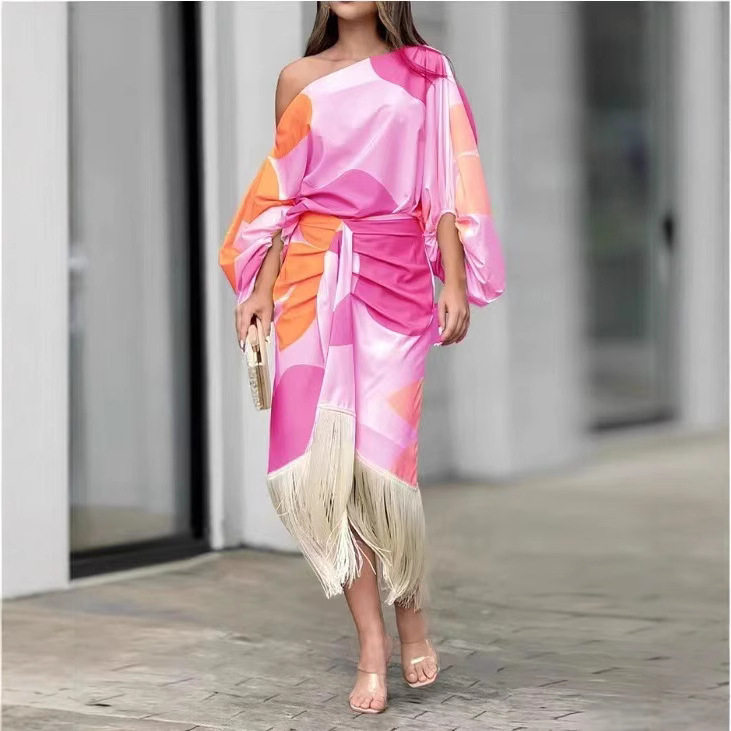 Summer Floral Lantern Sleeve Loose Top with Fringe Hem and Skirt Set Trendy Casual Style Wholesale Available