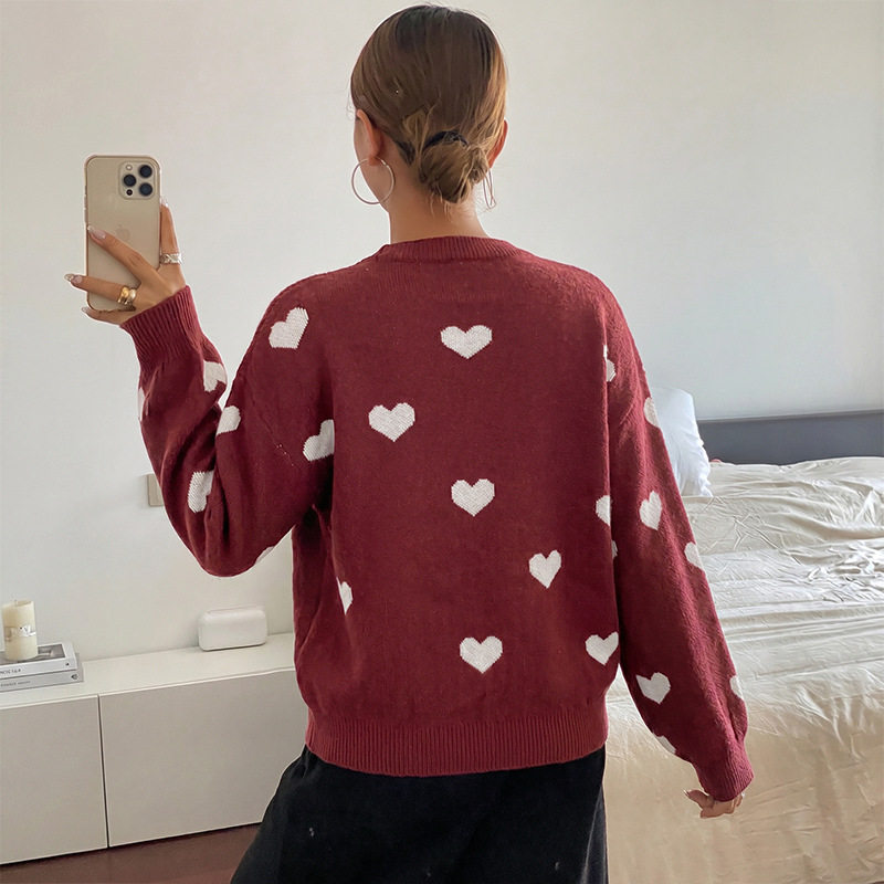 Vintage Sweetheart Jacquard Sweater Round Neck Long Sleeve Cozy Knit Autumn Winter Fashion Wholesale Available