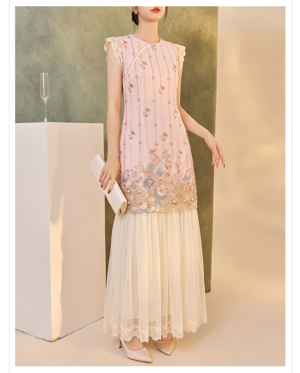 Đầm dài nữ thêu đính sequin phối ren tay cánh tiên dáng chữ A — Màu hồng nhạt