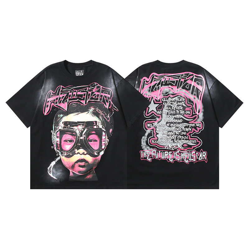 Cross-border Hellstar Hell Star T-shirt Alien Glasses Kids Printed Washed Black Short Sleeve T-shirt