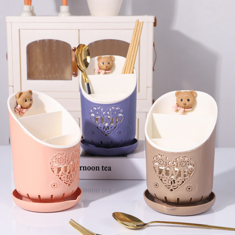 Bear Detachable Plastic Double-Layer Draining Chopstick Holder Spoon Creative Storage Chopstick Cage Kitchen Storage Rack Chopstick Tube