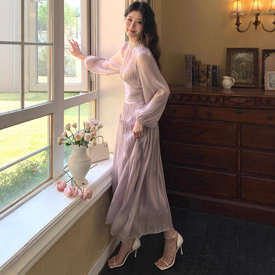 Korean Lantern Sleeve Long Dress Beaded Stand Collar Waist Defining A Line Wrinkled Shiny Fabric Beach Vacation