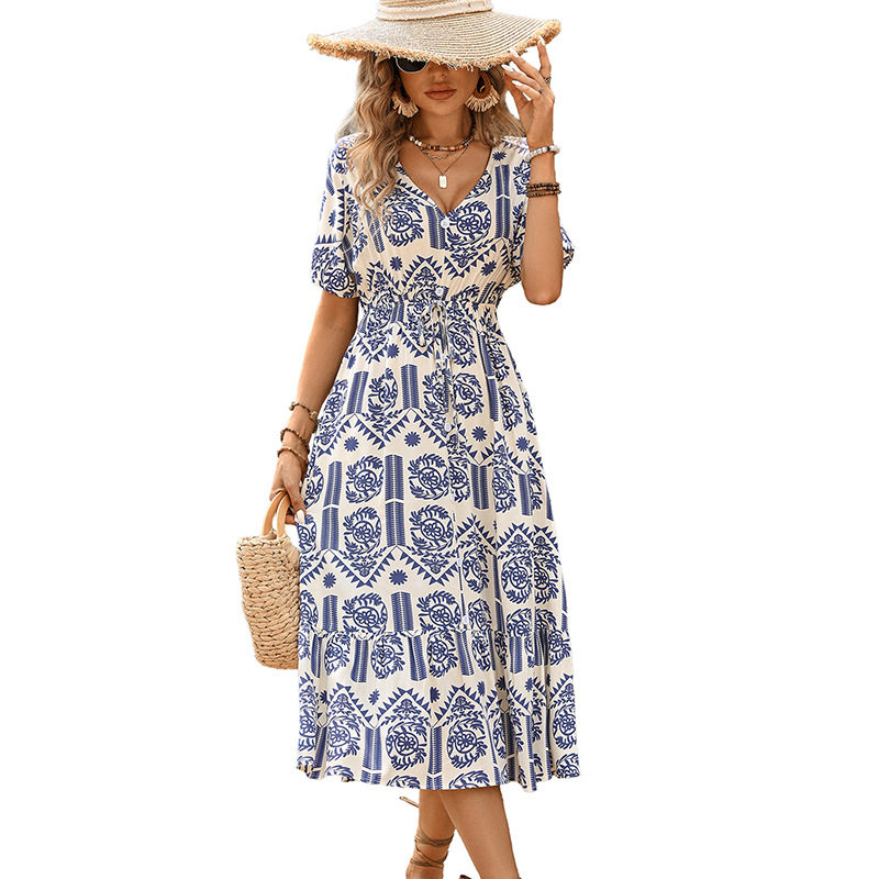 Casual Summer Dress Short Sleeve V Neck Ethnic Print Vacation Wear Wholesale Available bulk order