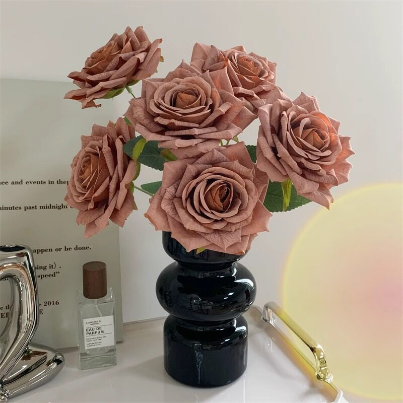 300pcs 7-head embossed cappuccino rose bouquet artificial flower wedding car decoration fake flower dried flower bouquet high-end